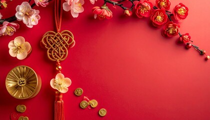 Happy Chinese New Year 2026 background, minimalist red and gold theme with elegant Chinese knots and blossoms, luxury greeting card style&rdquo;