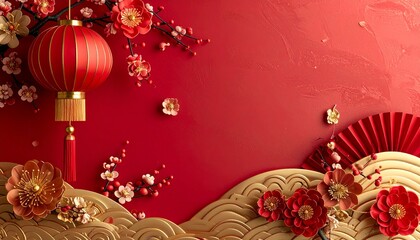 Happy Chinese New Year 2026 background, minimalist red and gold theme with elegant Chinese knots and blossoms, luxury greeting card style&rdquo;