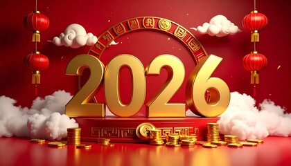Happy Chinese New Year 2026 background, giant golden number 2026 with swirling clouds, lucky coins, and auspicious symbols, cinematic lighting