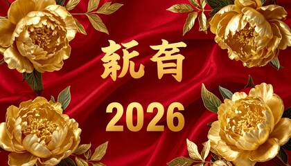 Happy Chinese New Year 2026 background, elegant calligraphy of 春节 and 2026, red silk textures, golden peony flowers, traditional Chinese design&rdquo;