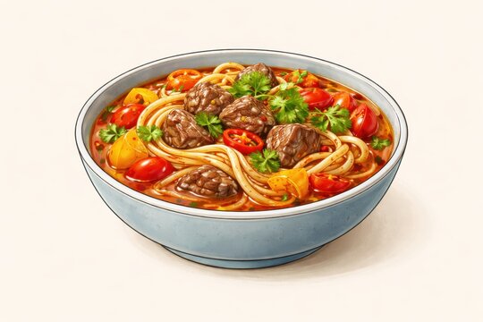 Ceramic bowl with lagman soup, hand-pulled noodles, meat, vegetables, broth