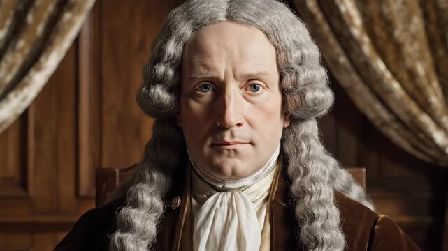 Historical Portrait of Isaac Newton in 18th Century Attire, Classic Study of Enlightenment Scientist with Wooden Paneling and Ornate Curtains in the Background