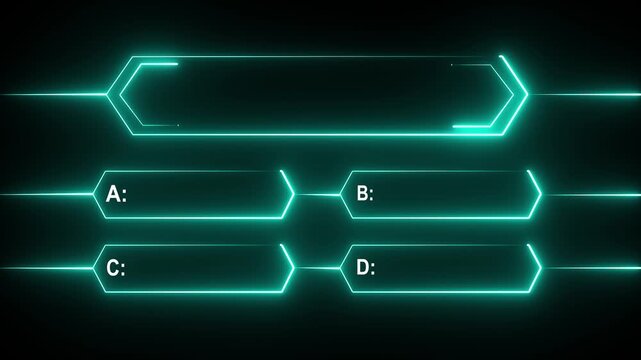 Abstract glowing neon turquoise quiz show interface with four choice boxes labeled a b c d and a large question box perfect for trivia games or educational content looping animation.