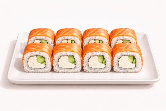 Eight inside-out sushi rolls with salmon outside, cream cheese and cucumber, arranged on a white platter