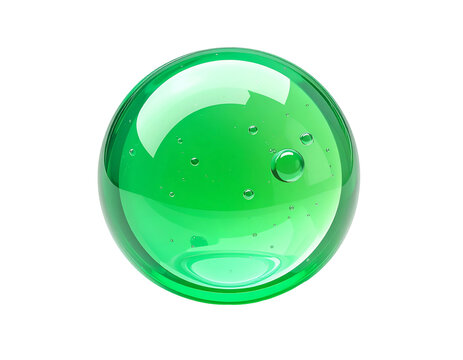 A glossy, clear, green sphere with internal bubbles floats against black
