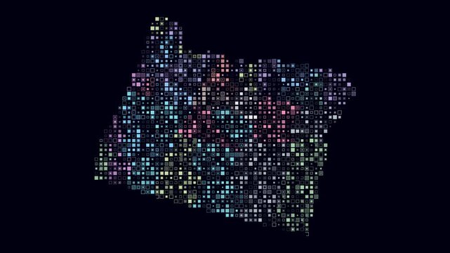Oregon animated shape. Pulsating colored dots on the map of the state. Small size square blocks. Digital style Oregon map on dark background. Awesome animation video.