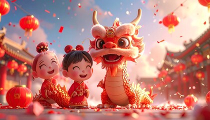 Happy Chinese New Year 2026 background, cute festive characters celebrating around a Chinese dragon, lanterns, red envelopes raining confetti&rdquo;