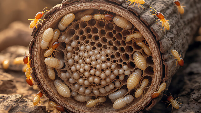 Close-up view of a termite nest interior with a queen and workers tending to eggs and larvae, highlighting social insect behavior.