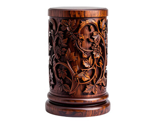 Cylindrical wooden container with carved leafy vines and intricate floral details