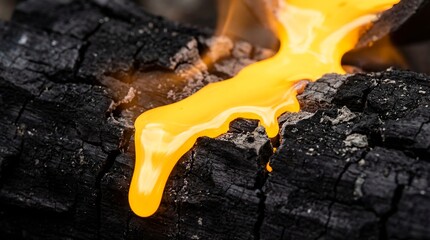 Obraz premium Close-up of vivid yellow molten substance dripping onto dark, charred wood, illuminated by a soft, warm flame, creating a striking visual contrast and a sense of intense heat