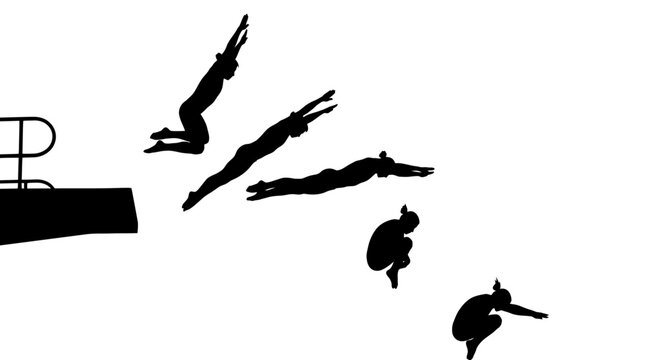 Divers jumping off a diving board into the water, captured from a side viewpoint