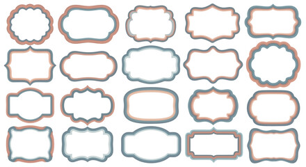 Fototapeta premium A collection of twenty ornate decorative frames and labels with double borders in light blue and peach colors, featuring various elegant shapes for graphic design.