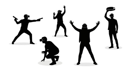 Obraz premium Five Black Silhouettes of Men in Varied Dynamic Poses Set Horizontally as Modern Abstract Graphic Illustration