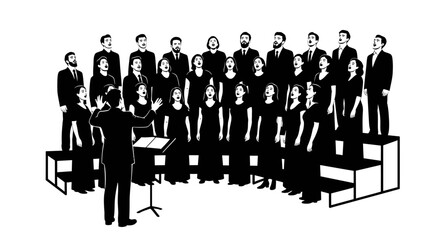 Naklejka premium Black‑and‑white illustration of a formal choir and conductor, silhouetted across tiers on a platform, viewed frontally