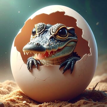 Adorable baby alligator hatches from a cracked egg on sandy ground