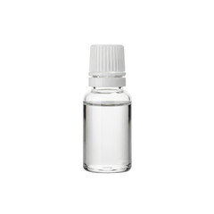 Clear liquid in a small glass bottle with white cap