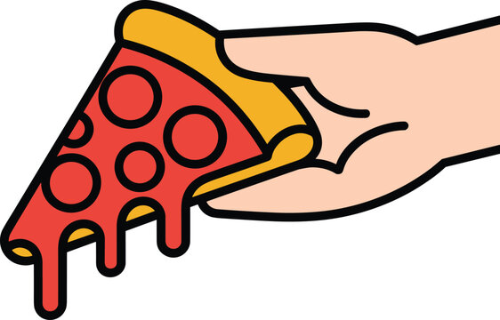 Hand holding dripping pizza slice illustration with melted cheese and pepperoni, cartoon fast food vector icon for menu and delivery design