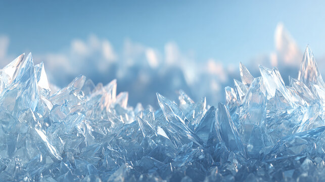 Close-up of sparkling ice crystals, showing their beauty and complexity. The crystal structures glisten in the sunlight, creating a stunning visual effect