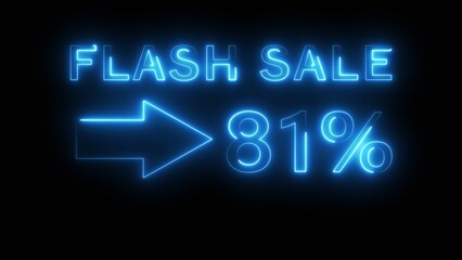 Neon counting percentage number on black background. Neon sale 81% number text illustration. Neon sale with arrow sign.