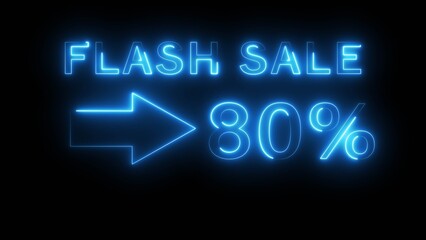 Neon counting percentage number on black background. Neon sale 80% number text illustration. Neon sale with arrow sign.