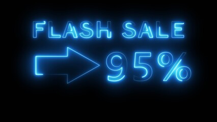 Neon counting percentage number on black background. Neon sale 95% number text illustration. Neon sale with arrow sign.