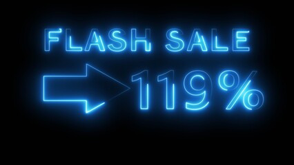 Neon counting percentage number on black background. Neon sale 119% number text illustration. Neon sale with arrow sign.