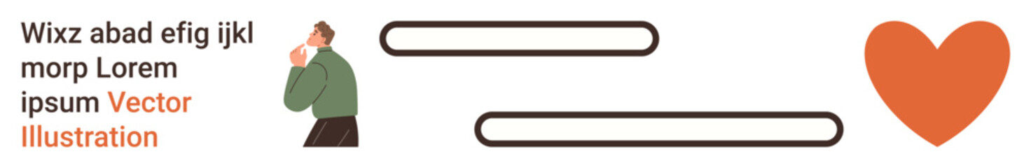 Emotional intelligence, communication, self-expression, creativity, design layout, love. A man thinking, text boxes and an orange heart. Emotional intelligence and communication concept