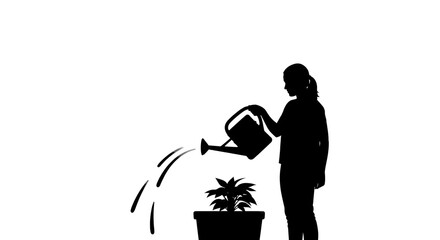 Woman watering a potted plant with a watering can silhouette gardening concept