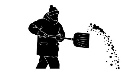 Man in winter clothes shoveling dirt or snow on a white background symbolizing hard work and effort in cold weather conditions with a shovel