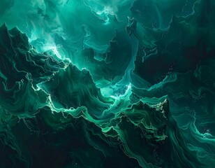 Abstract, swirling teal and dark green liquid art, evoking flowing depths and textured peaks