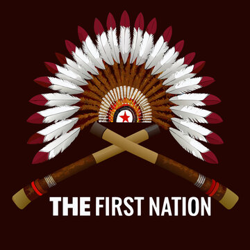 A detailed illustration of a native american warbonnet with crossed pipes