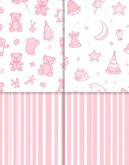 Fototapeta premium Adorable baby-themed seamless patterns with bears, toys, stars, moon, and stripes in pink