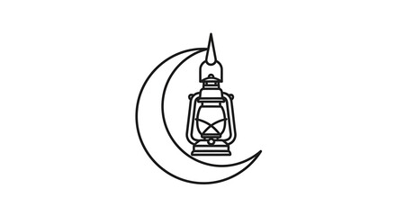 Obraz premium Ramadan kareem lantern and crescent moon vector illustration black line art symbol for islamic holiday celebration greeting cards posters banners and religious events backdrop