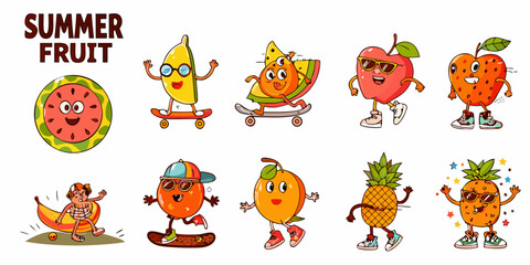 Cartoon summer fruits with faces and accessories enjoying activities