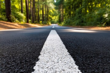 Fototapeta premium Freshly Painted Road Surface in Lush Green Forest