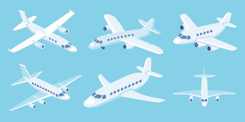 Isometric view of multiple white airplanes on a light blue background