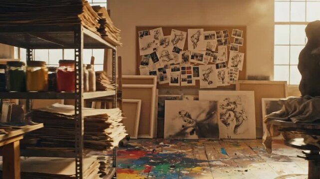 Cinematic pan across an art studio filled with creative materials in soft glowing HDR realism