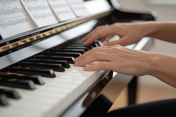 Obraz premium women leaders empowerment feminism unity concept. Person playing piano with sheet music visible on stand.