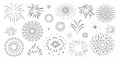 Collection of diverse firework bursts and sparkling trails on a white background