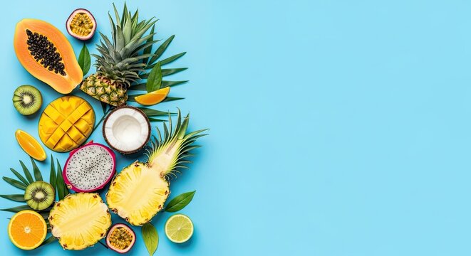A vibrant arrangement of tropical fruits on a blue background, including mangoes, pineapples, and dragon fruit.
