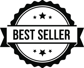 Obraz premium Best seller black circular badge with stars and ribbon emblem isolated on transparent background vector