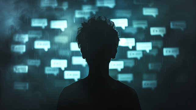 Cyberbullying concept, dark screen with harsh comment bubbles, faceless silhouette, digital social issue.