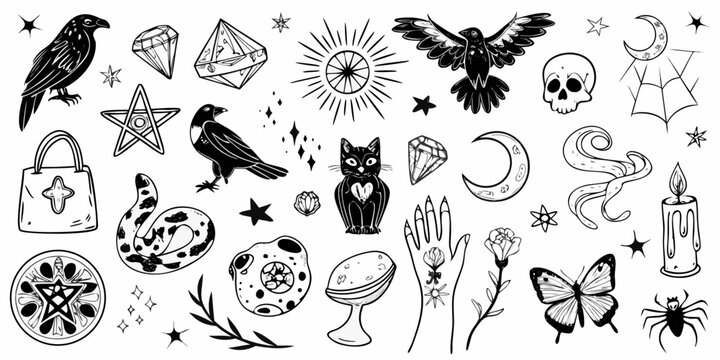 A collection of mystical and occult symbols including ravens crystals and celestial objects