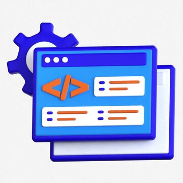 A high quality 3D illustration of a web coding terminal window with a gear and brackets symbols for software development