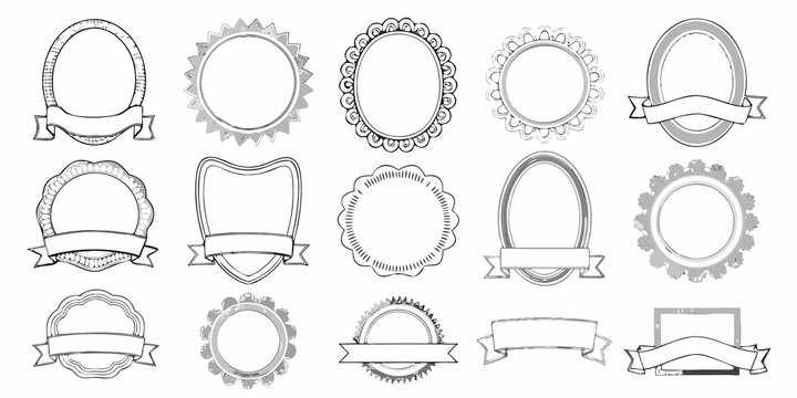 Collection of ornate black and white frame designs with ribbon banners