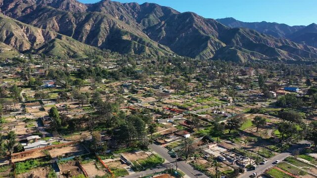 Drone view of empty lots of homes left behind from the Eaton fire, Pacific Palisades. January 2025, a series of 14 destructive wildfires affected the Los Angeles County in California, United States.