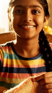 Young girl doing needlepoint indoors with focused expression
