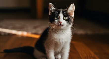 Adorable black-and-white kitten with striking green eyes sits indoors, looking at the viewer