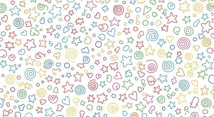 Obraz premium A playful and colorful seamless pattern featuring outlines of stars, hearts, and spirals on a white background, perfect for children's designs.