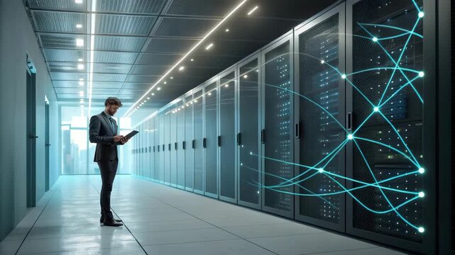 Businessman Interacting with Digital Network in Server Room, Cinematic Stock Footage